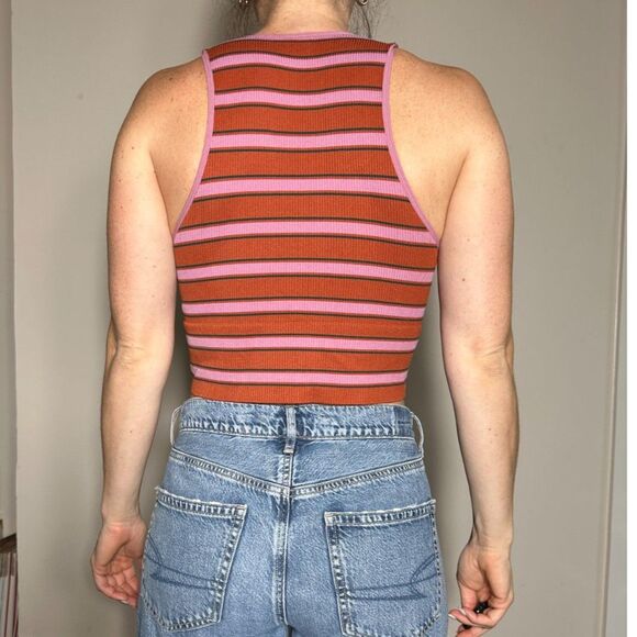 Arizona Body Orange Pink Striped V Neck Crop Top Fits like a Size Small - Picture 2 of 4